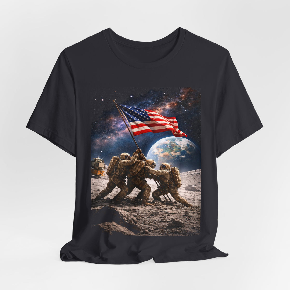Patriotic Moon Landing Tee — Soldiers Raising American Flag Graphic T-Shirt