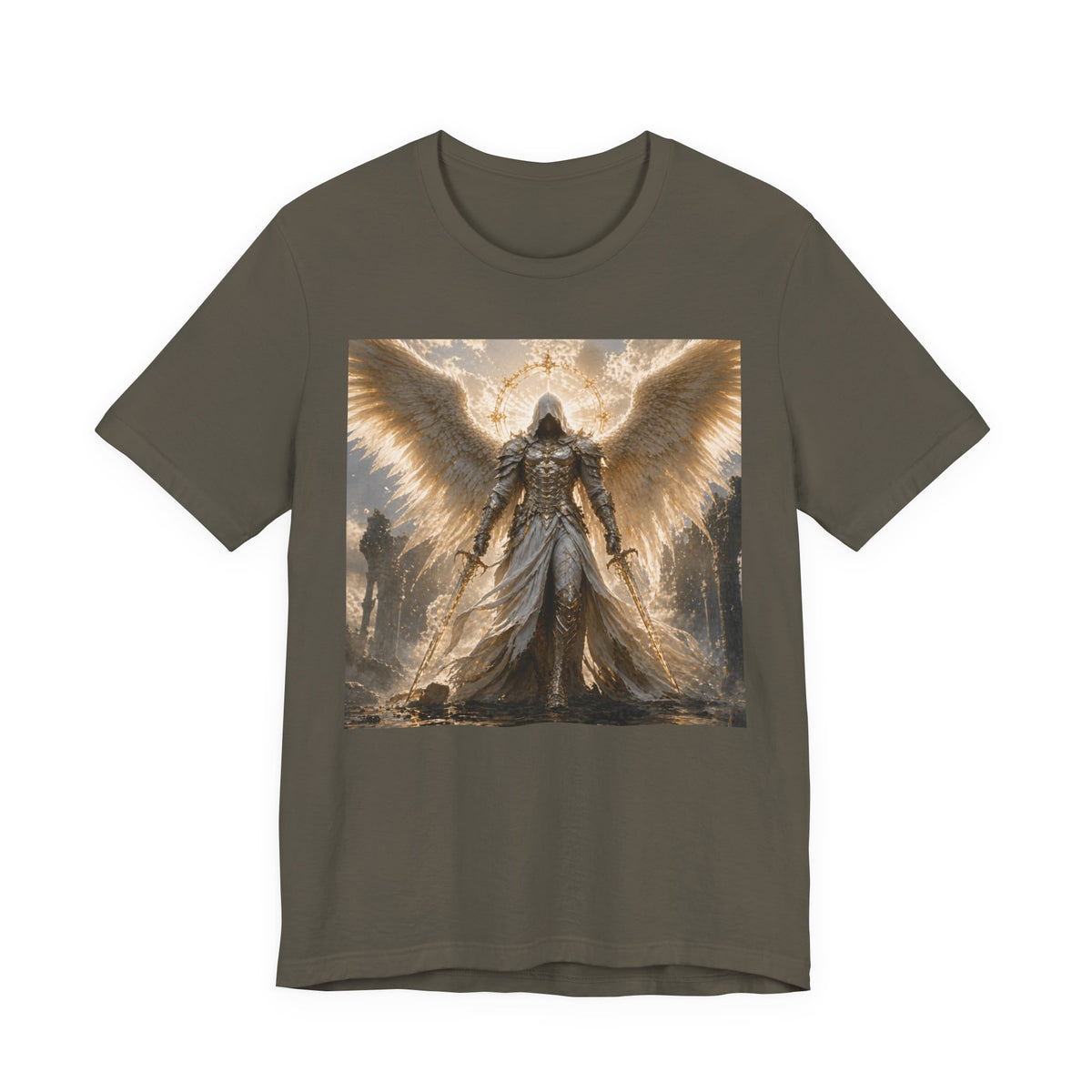 Angel Warrior Graphic Tee — Gold Guardian Wings T-Shirt