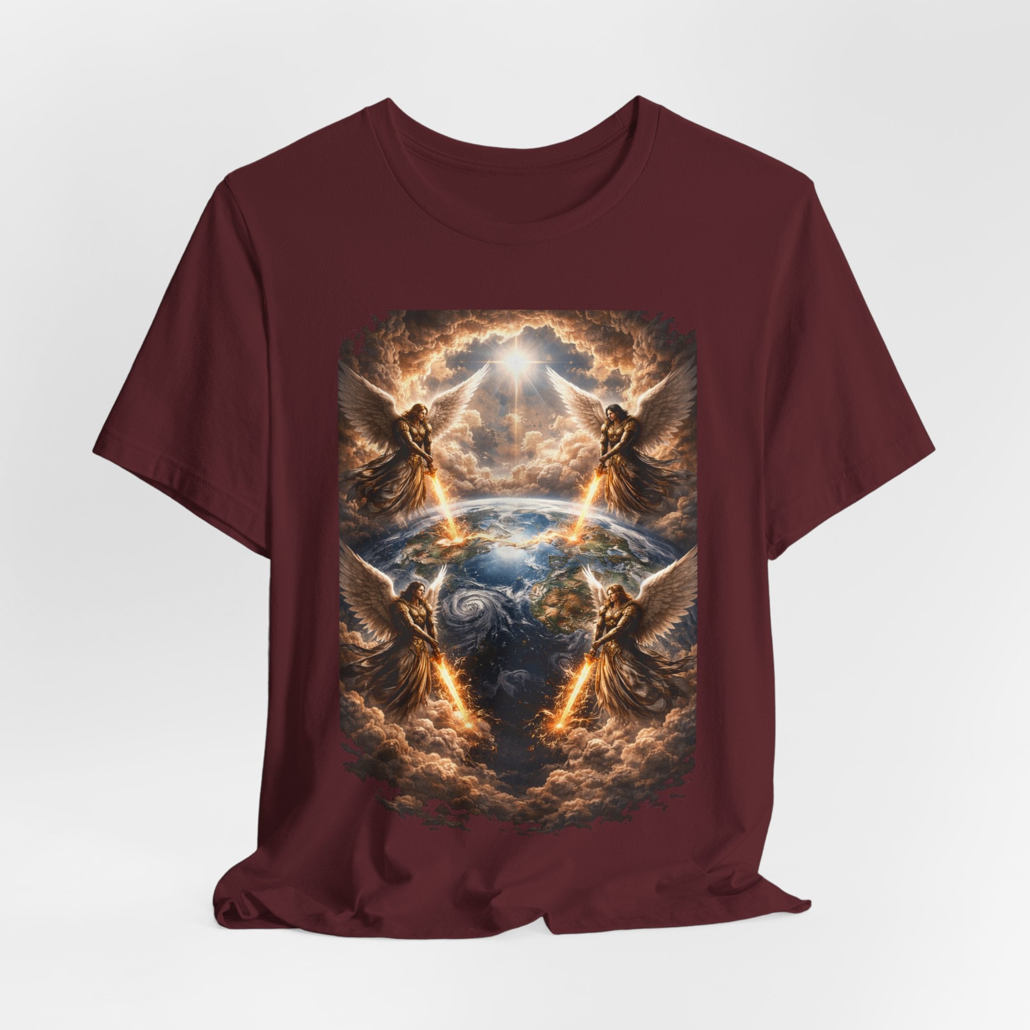 Revelation 7:1 Four angels standing on the four corners of the earth as seen from heaven-when the secound comingis near T‑Shirt — Heavenly Earth & Angels Graphic Tee