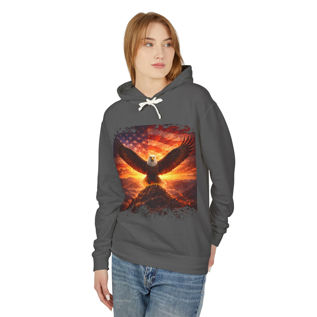 Eagle Rising Hoodie — Patriotic Bald Eagle Sunset Graphic Sweatshirt
