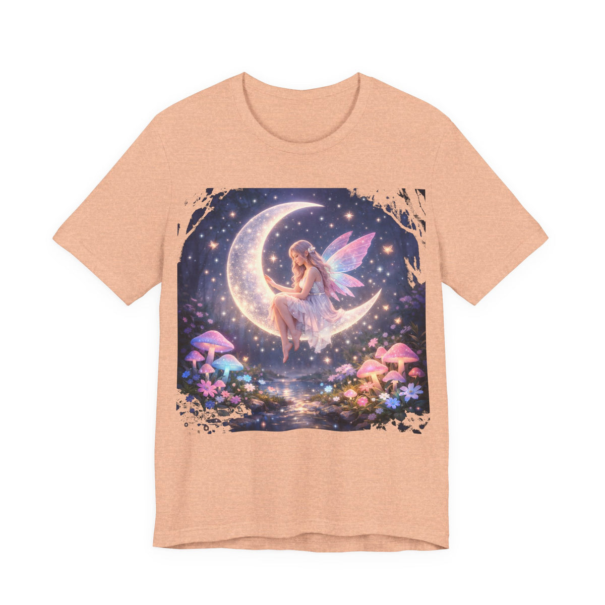 Fairy on the Moon T‑Shirt — Dreamy Fantasy Night Tee with Fairy and Mushrooms