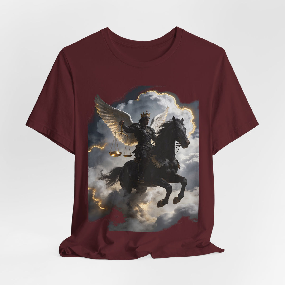 Revelation 6:5-6! And on the horse was a rider with wings as an angle dress as an warrior in black holding a golden a pair of scalesT‑Shirt — Winged Knight Graphic Tee