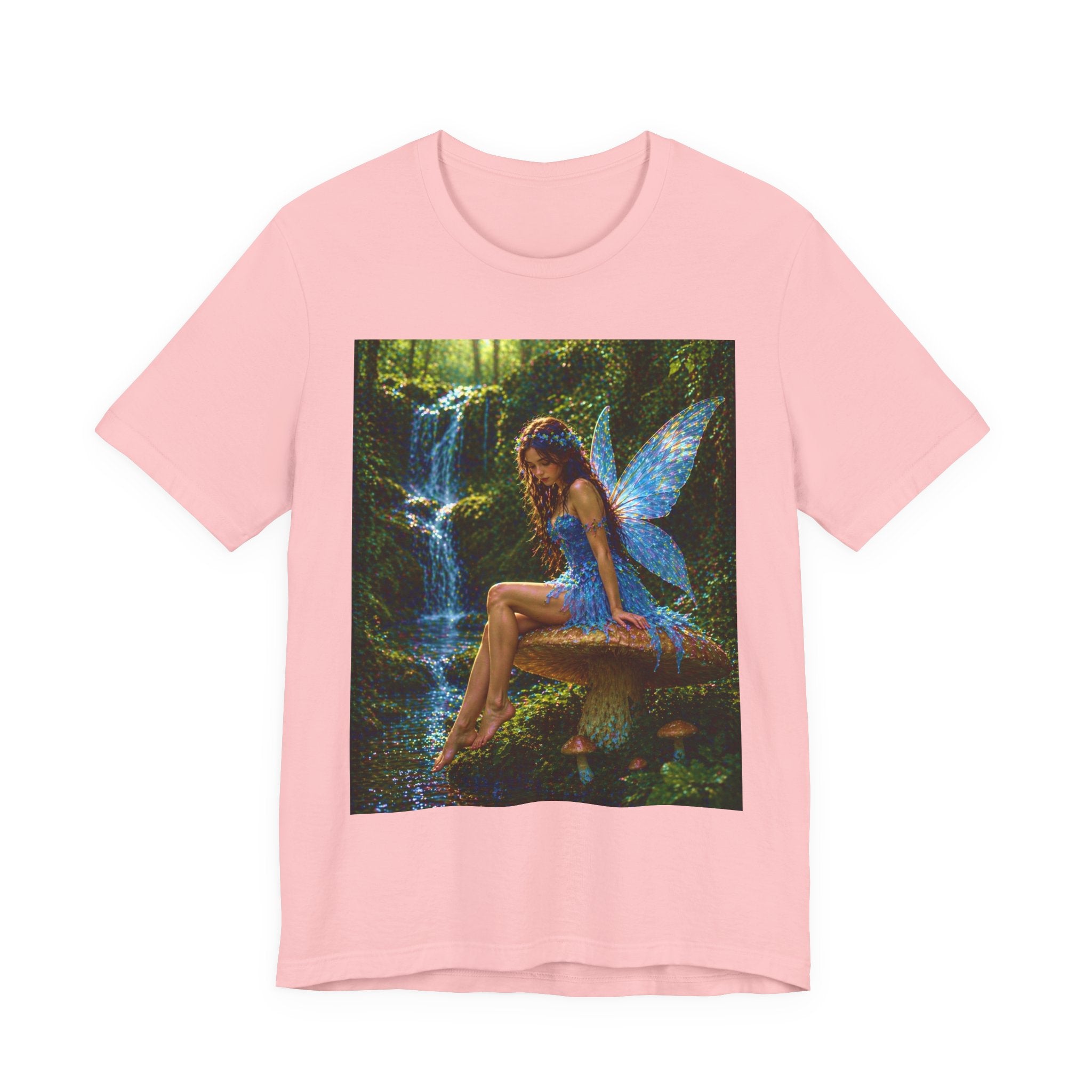 Fairy Forest T-Shirt — Enchanted Blue Fairy Sitting by Waterfall