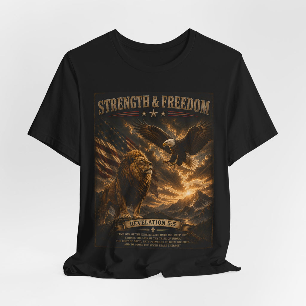 Strength & Freedom Christian Lion Tee – Revelation 5:5 Inspirational Graphic T-Shirt