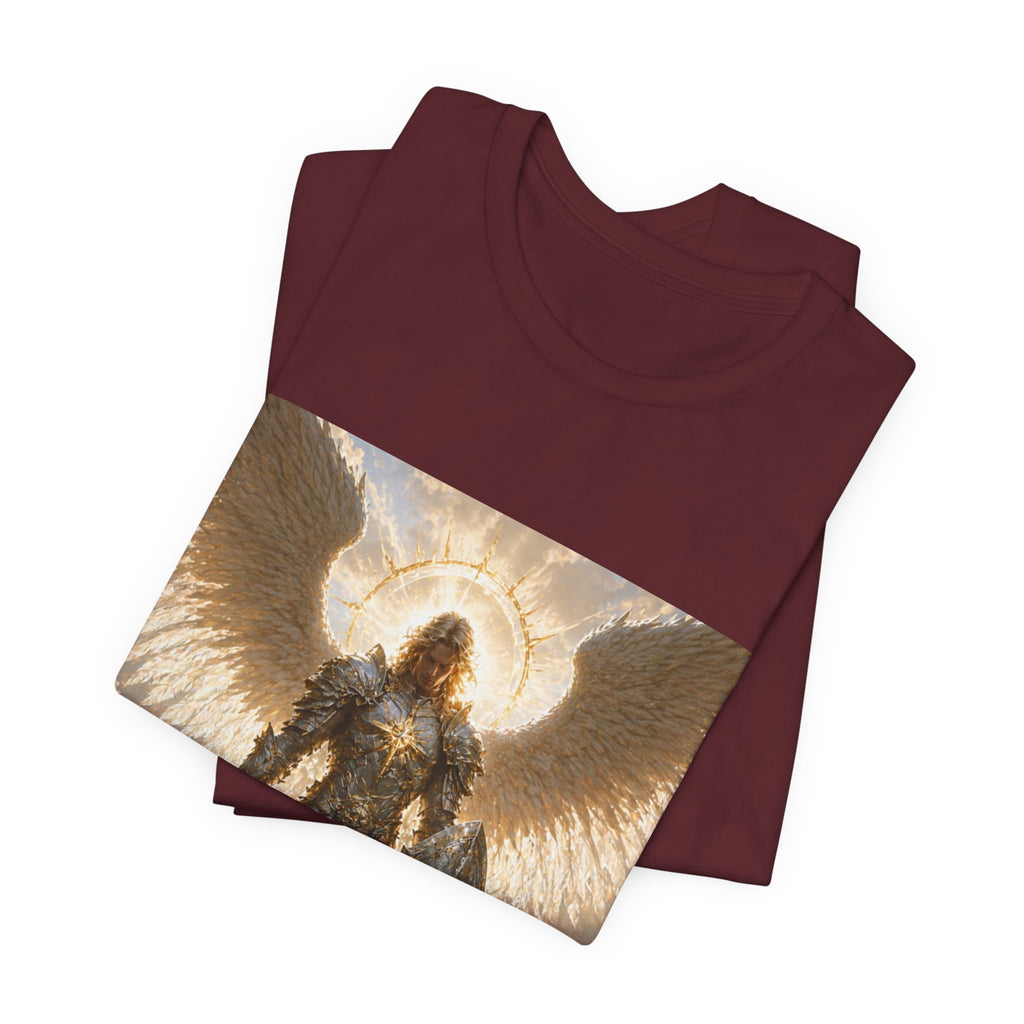 Archangel Warrior Graphic Tee — Golden Angel with Sword & Shield