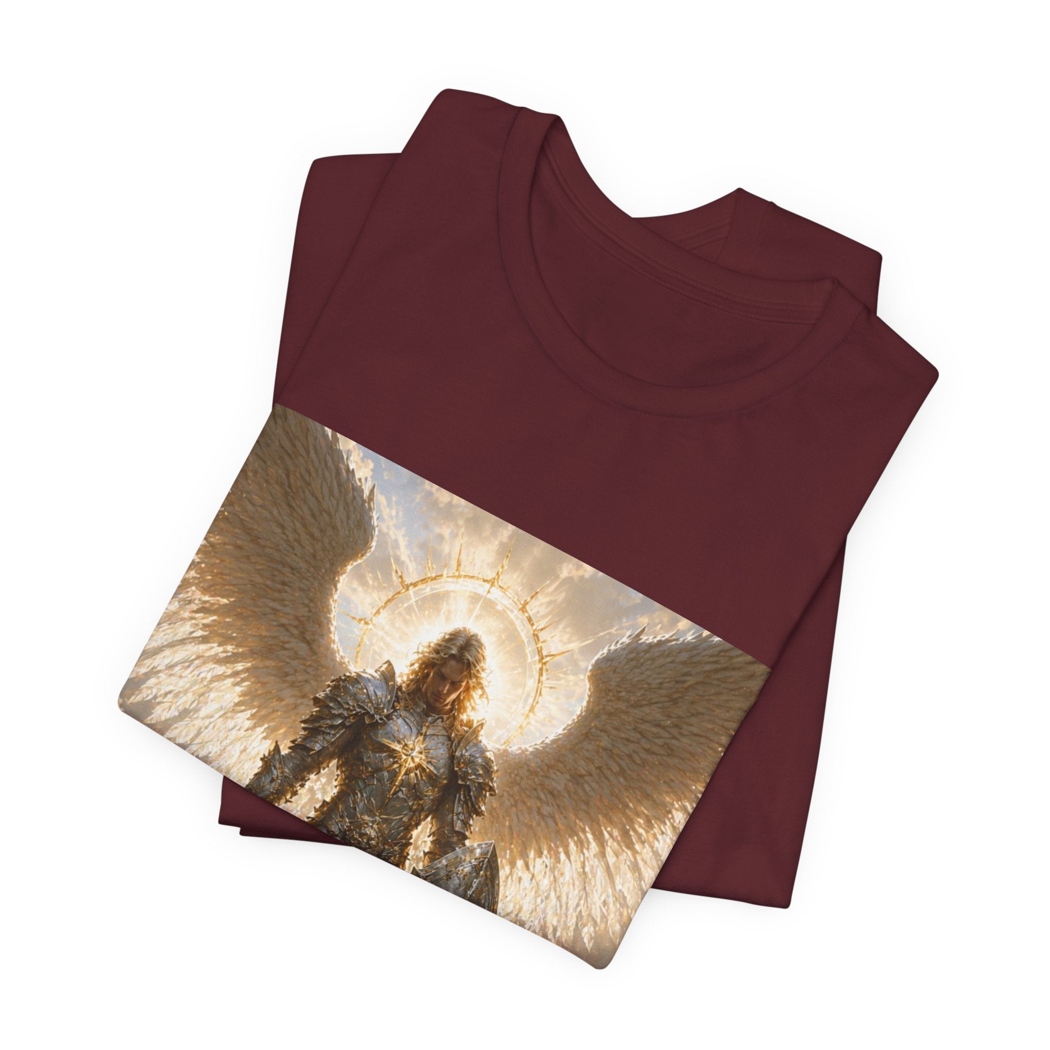 Archangel Warrior Graphic Tee — Golden Angel with Sword & Shield