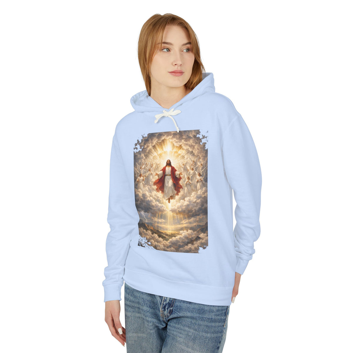 Christian Jesus Hoodie — Ascension Clouds Religious Graphic Sweatshirt