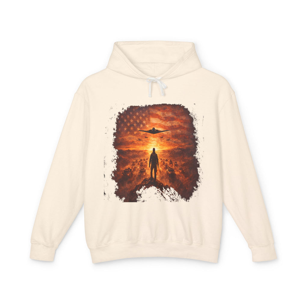 B2 Sprite---Sunset Flag Hoodie — Alien Silhouette American Flag Graphic