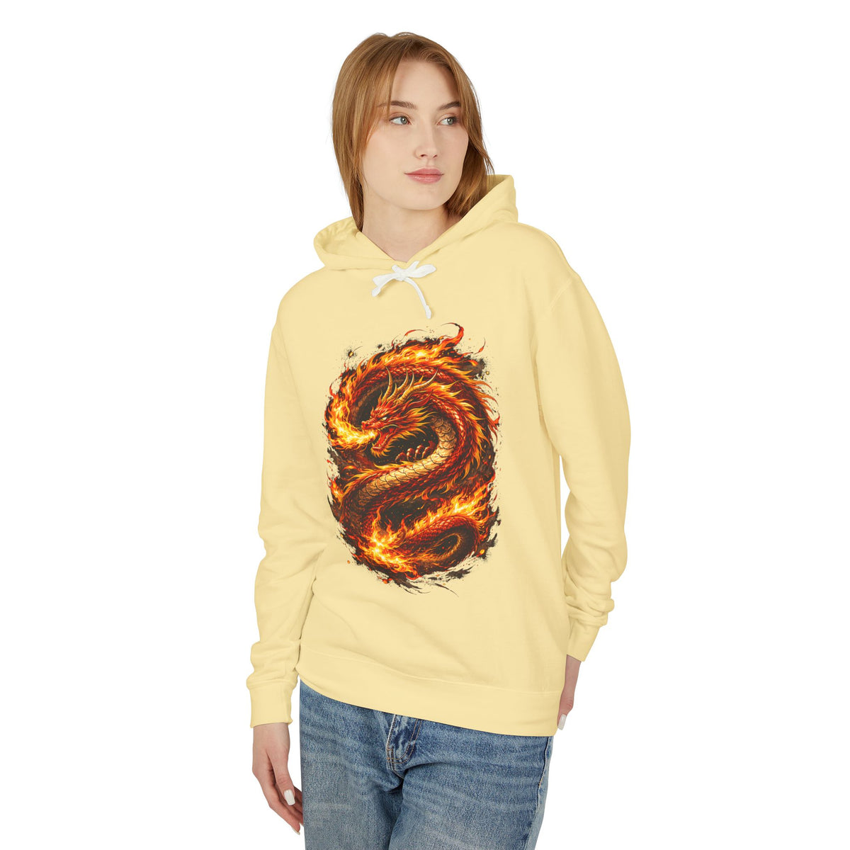 Flaming Dragon Hoodie — Fiery Mythical Dragon Graphic Sweatshirt