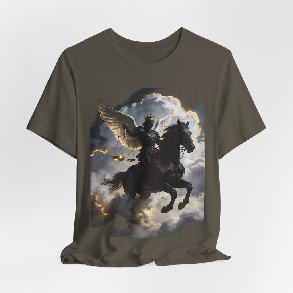 Revelation 6:5-6! And on the horse was a rider with wings as an angle dress as an warrior in black holding a golden a pair of scalesT‑Shirt — Winged Knight Graphic Tee