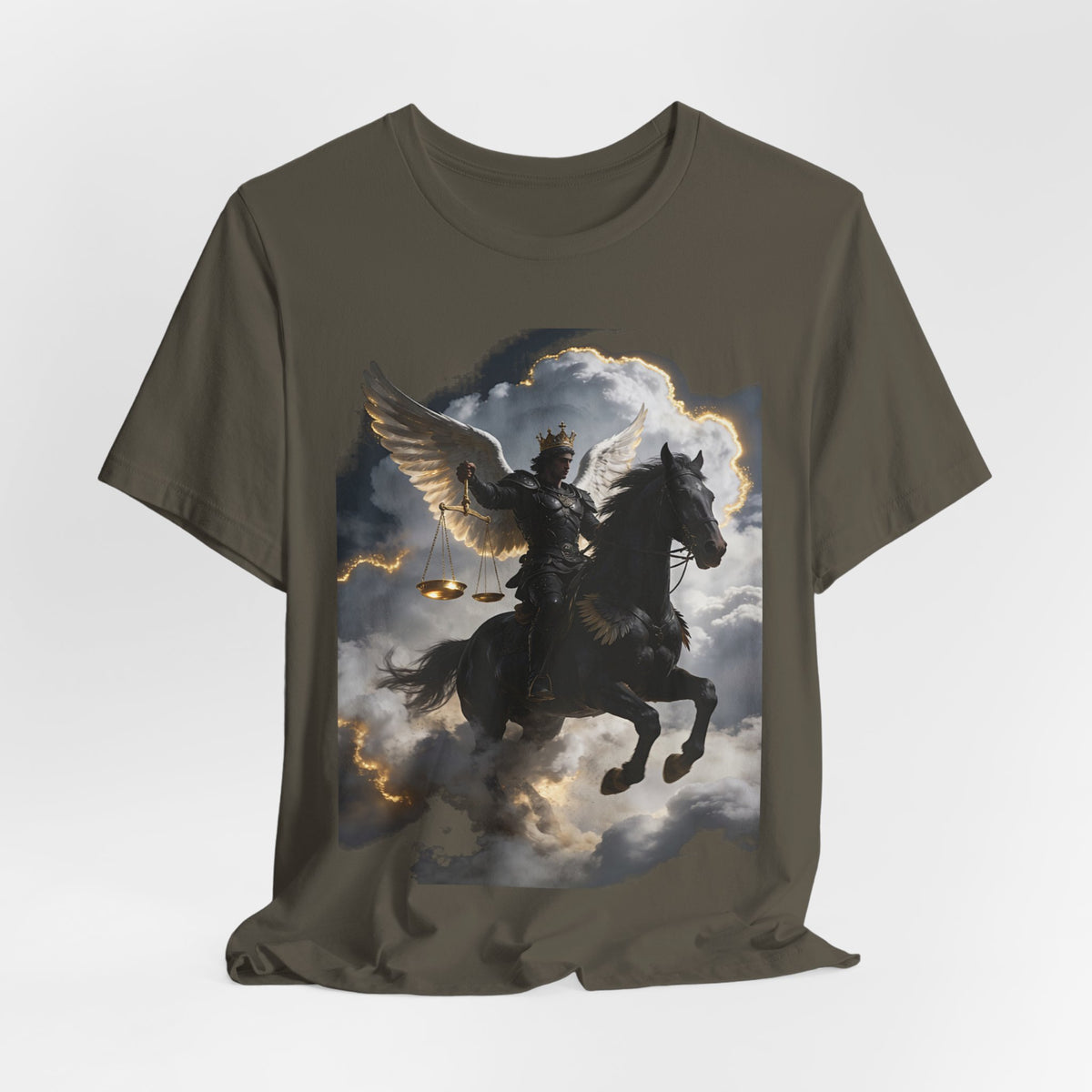 Revelation 6:5-6! And on the horse was a rider with wings as an angle dress as an warrior in black holding a golden a pair of scalesT‑Shirt — Winged Knight Graphic Tee