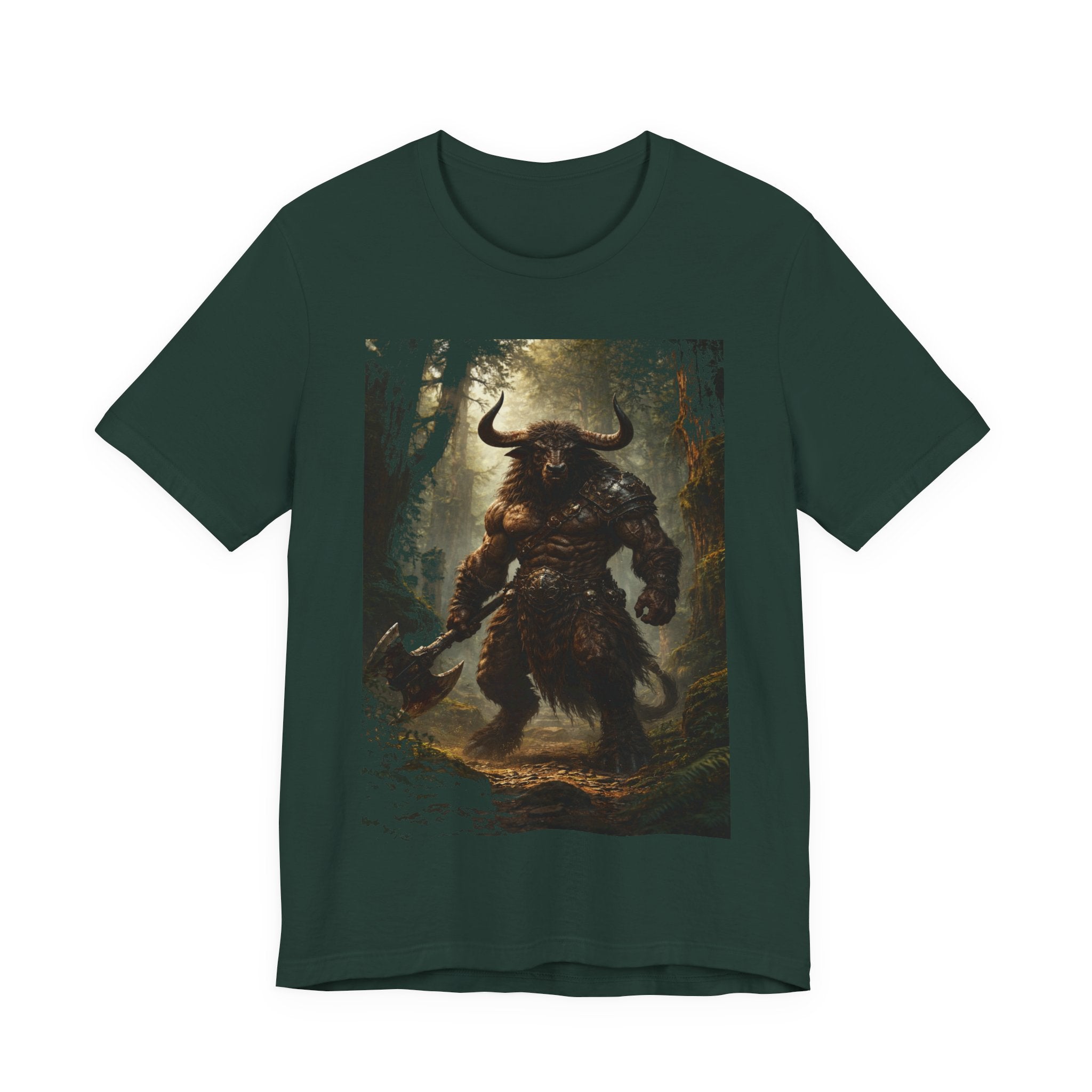 Minotaur Forest Warrior T-Shirt — Mythic Fantasy Creature Graphic Tee