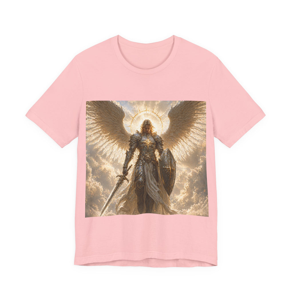 Archangel Warrior Graphic Tee — Golden Angel with Sword & Shield