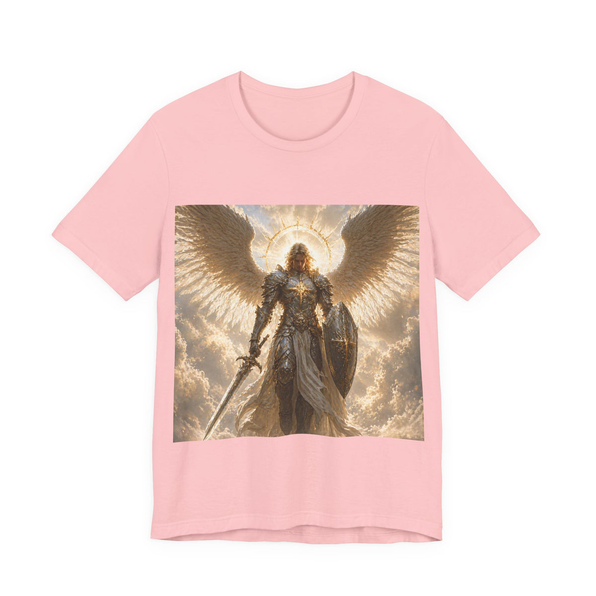 Archangel Warrior Graphic Tee — Golden Angel with Sword & Shield