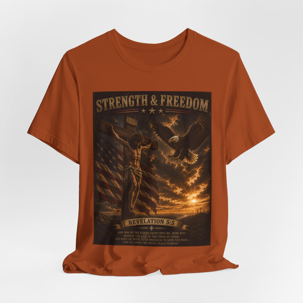 Strength & Freedom Christian T‑Shirt – Revelation 12:11 Eagle & Cross Faith Tee