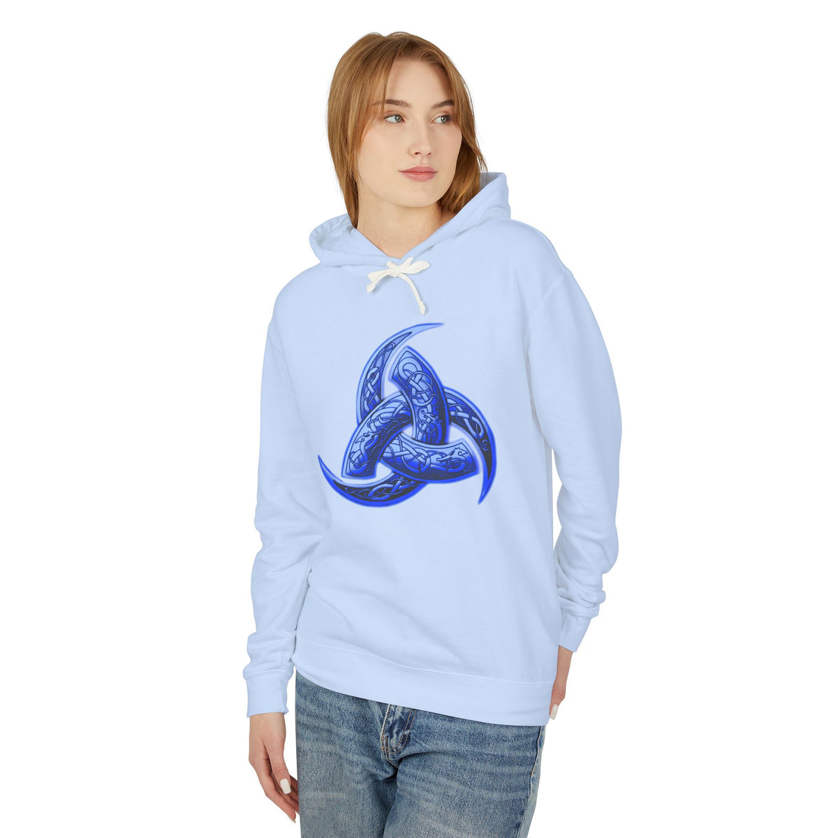 The Triple Horn of Odin is--Celtic Blue Triquetra Hoodie — Intricate Knotwork Hooded Sweatshirt