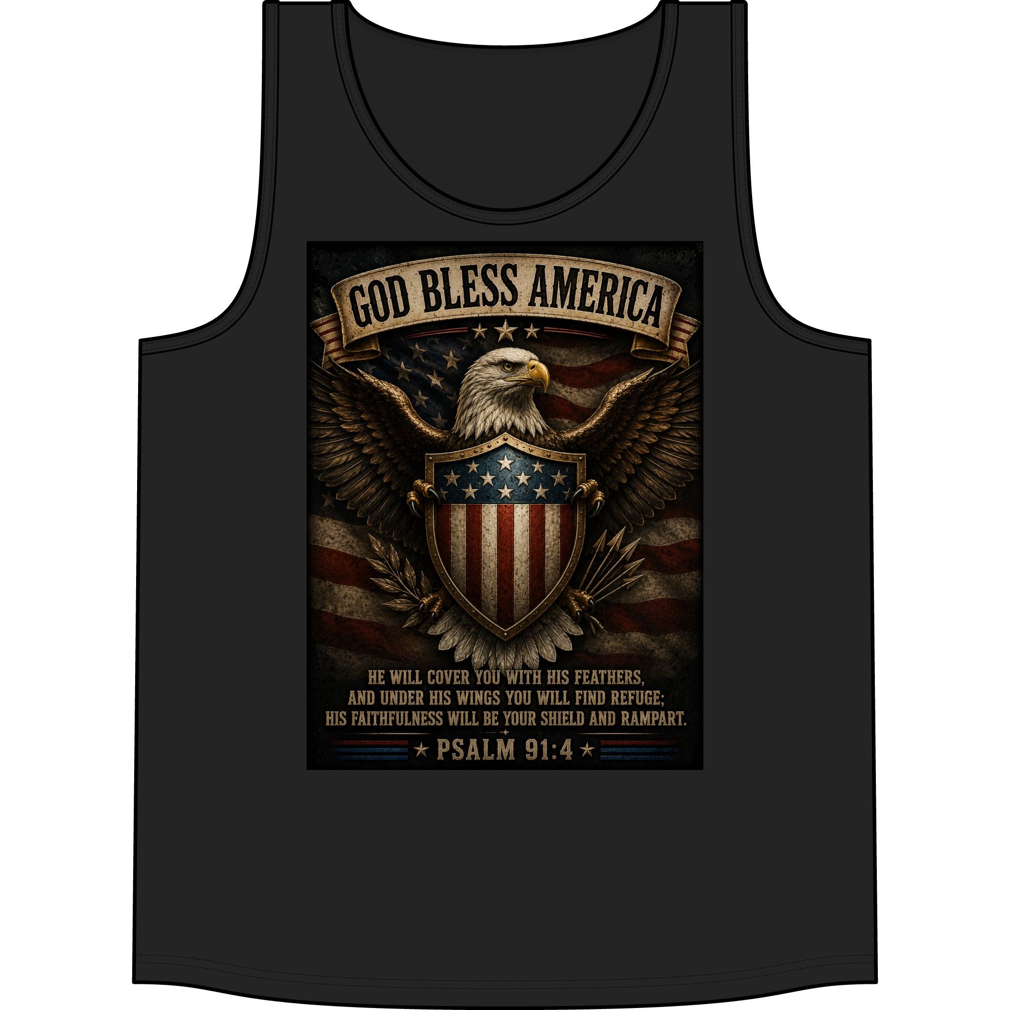God Bless America Eagle Tank Top — Patriotic Psalm 91:4 American Flag Muscle Shirt