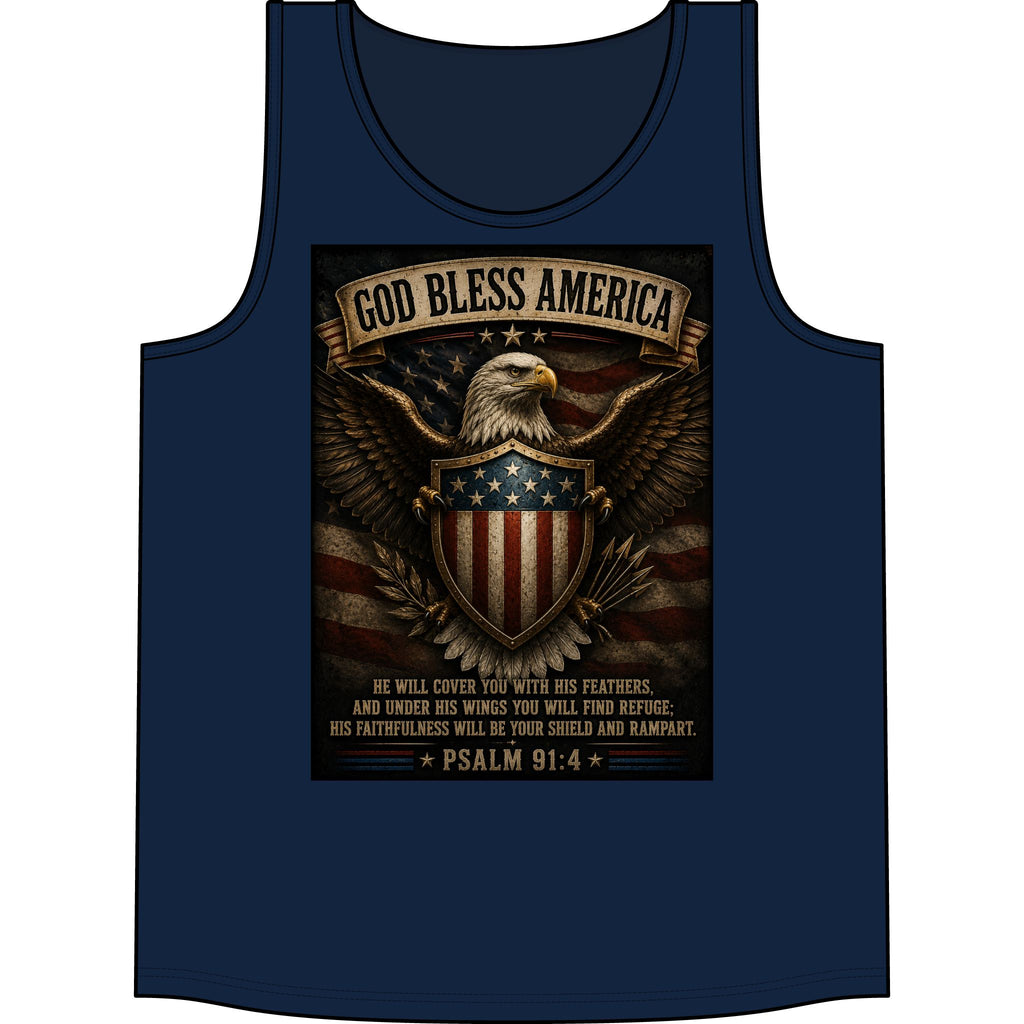 God Bless America Eagle Tank Top — Patriotic Psalm 91:4 American Flag Muscle Shirt