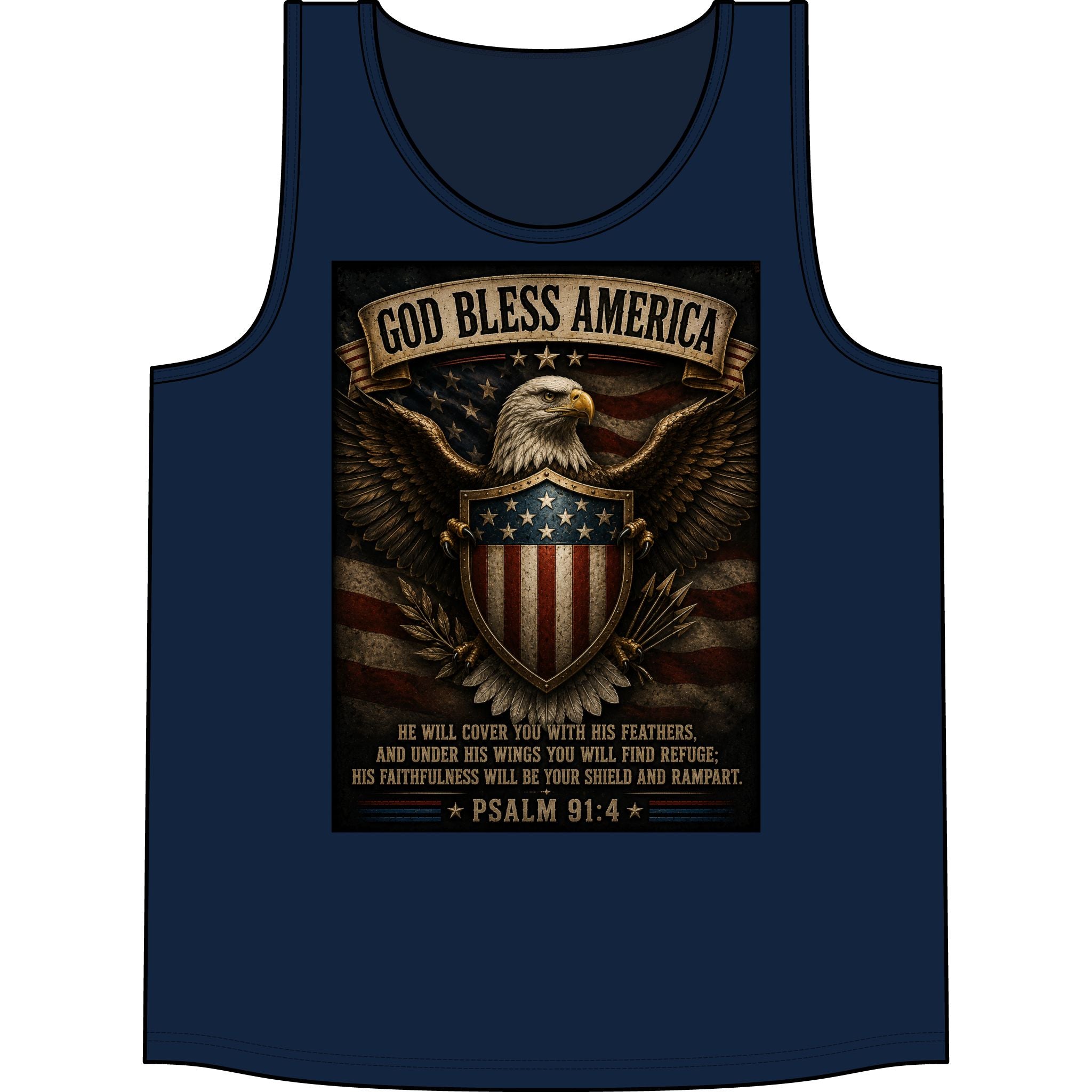 God Bless America Eagle Tank Top — Patriotic Psalm 91:4 American Flag Muscle Shirt