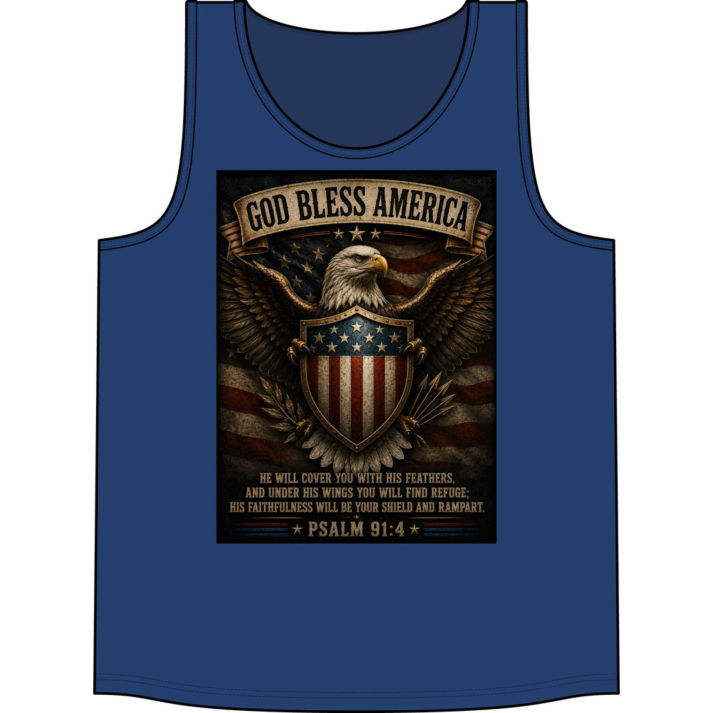 God Bless America Eagle Tank Top — Patriotic Psalm 91:4 American Flag Muscle Shirt