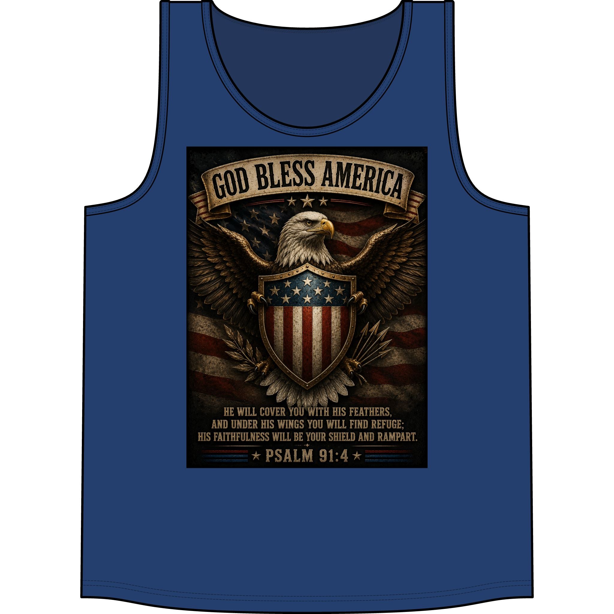 God Bless America Eagle Tank Top — Patriotic Psalm 91:4 American Flag Muscle Shirt