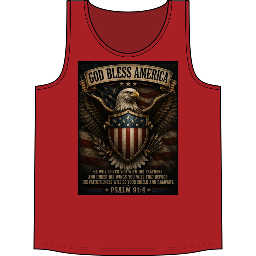 God Bless America Eagle Tank Top — Patriotic Psalm 91:4 American Flag Muscle Shirt