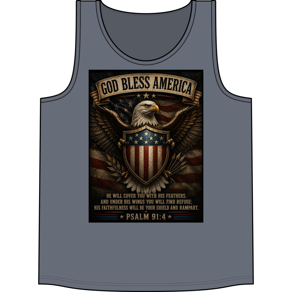 God Bless America Eagle Tank Top — Patriotic Psalm 91:4 American Flag Muscle Shirt