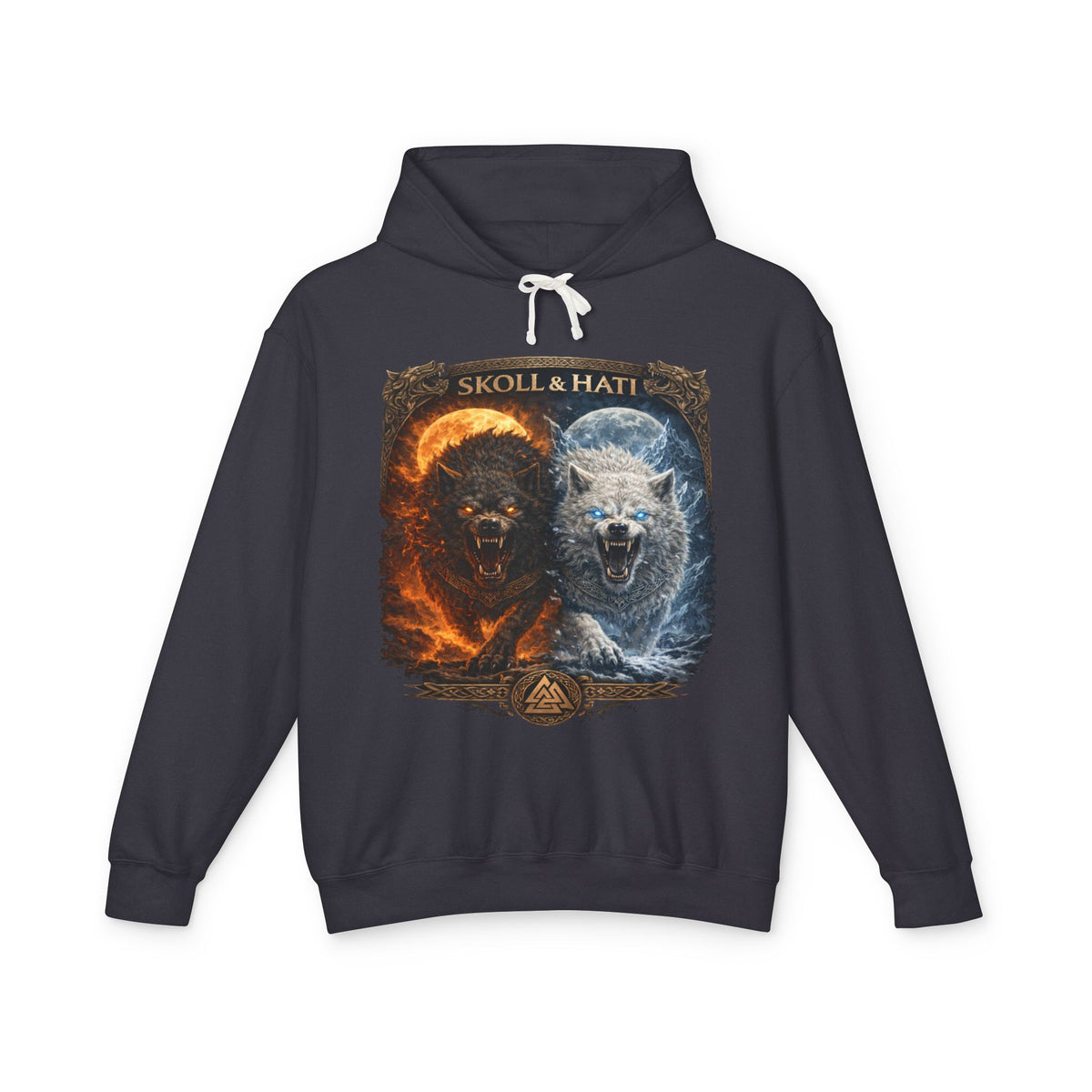 Sköll & Hati Fire and Ice Wolf Hoodie — Viking Myth Wolves Graphic Sweatshirt
