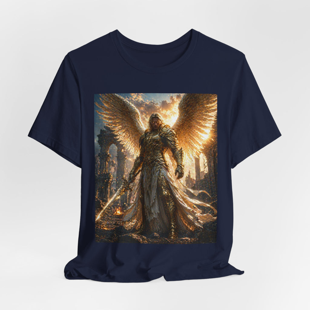 Angel Warrior Graphic Tee — Golden Archangel Battle Scene T-Shirt