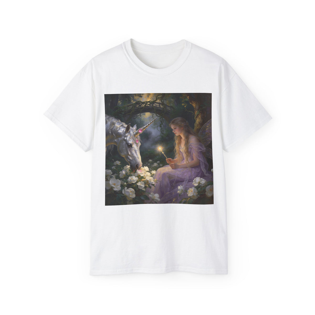 Unicorn Night Fairy Cotton T‑Shirt — Enchanted Girl & Unicorn Art Tee