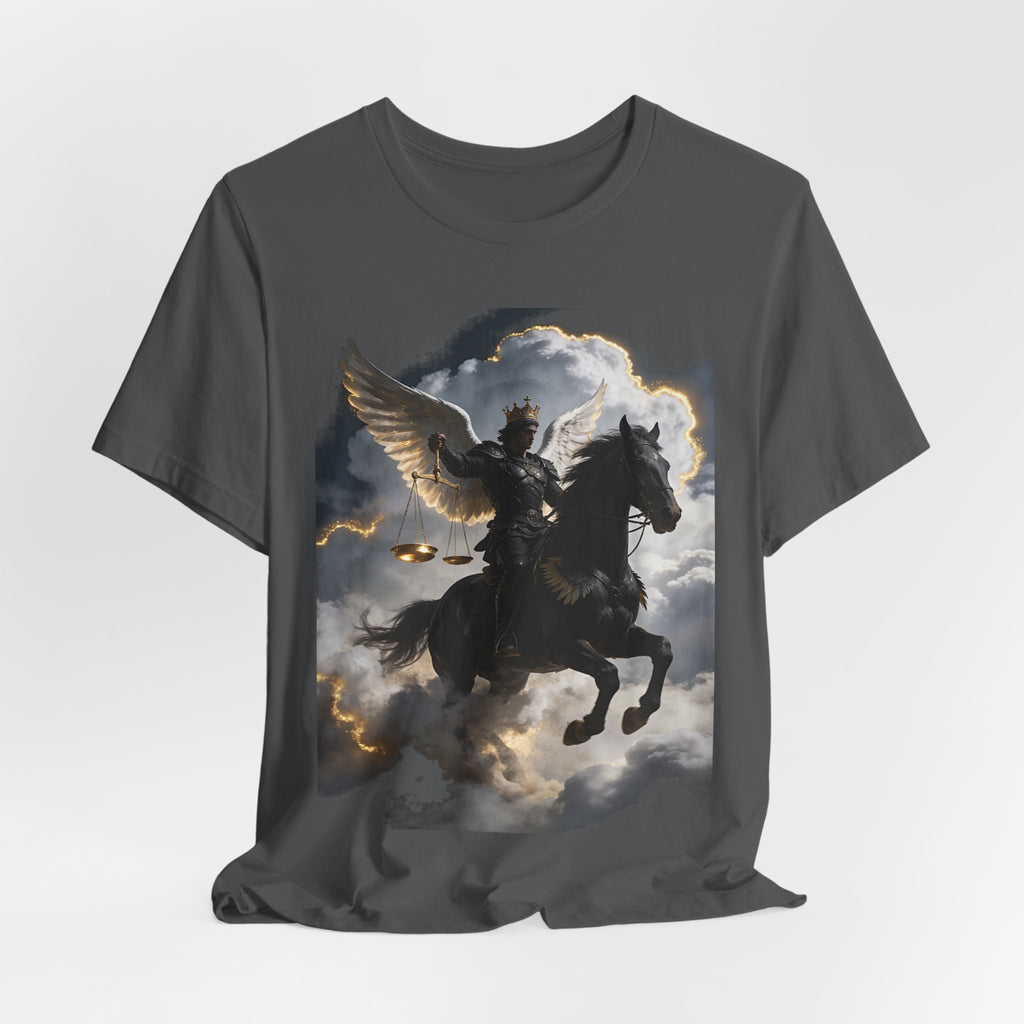 Revelation 6:5-6! And on the horse was a rider with wings as an angle dress as an warrior in black holding a golden a pair of scalesT‑Shirt — Winged Knight Graphic Tee