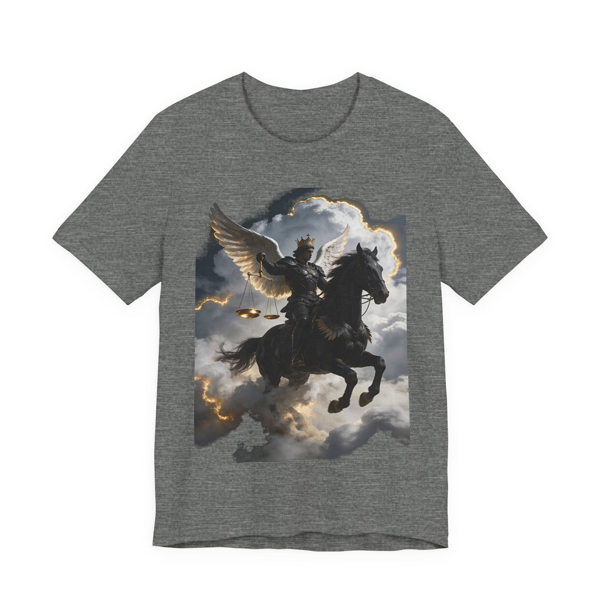 Revelation 6:5-6! And on the horse was a rider with wings as an angle dress as an warrior in black holding a golden a pair of scalesT‑Shirt — Winged Knight Graphic Tee