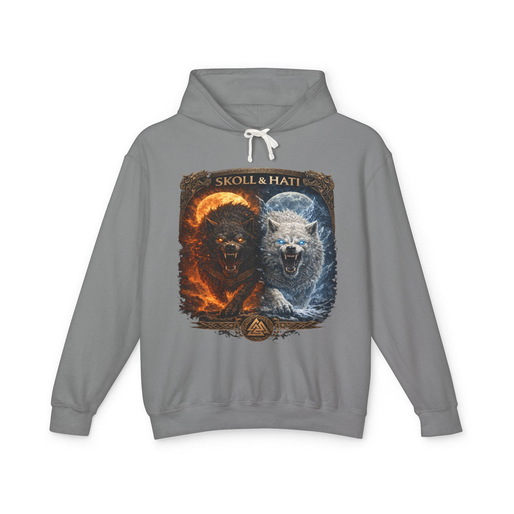 Sköll & Hati Fire and Ice Wolf Hoodie — Viking Myth Wolves Graphic Sweatshirt