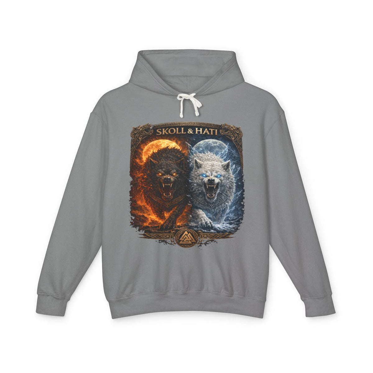 Sköll & Hati Fire and Ice Wolf Hoodie — Viking Myth Wolves Graphic Sweatshirt