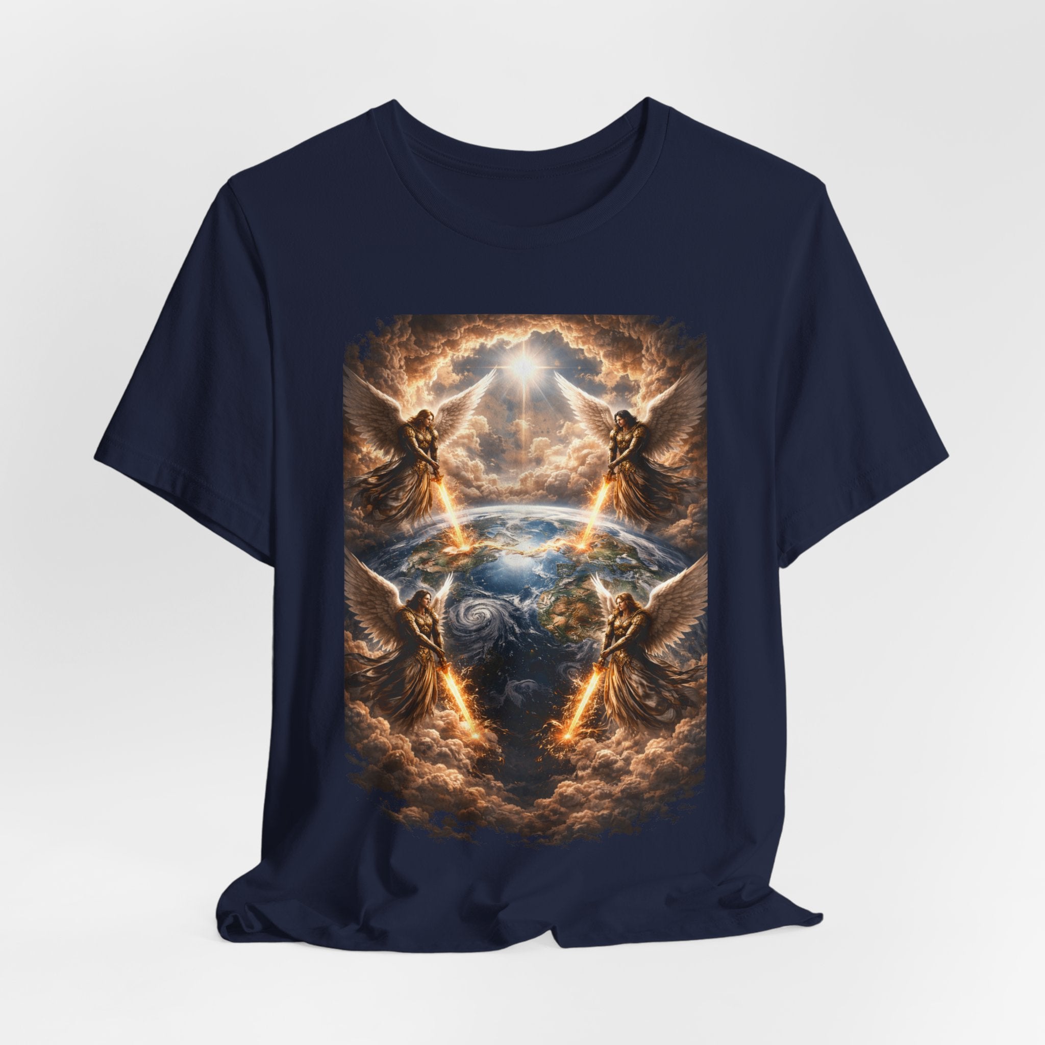 Revelation 7:1 Four angels standing on the four corners of the earth as seen from heaven-when the secound comingis near T‑Shirt — Heavenly Earth & Angels Graphic Tee