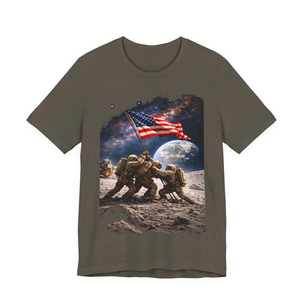 Patriotic Moon Landing Tee — Soldiers Raising American Flag Graphic T-Shirt