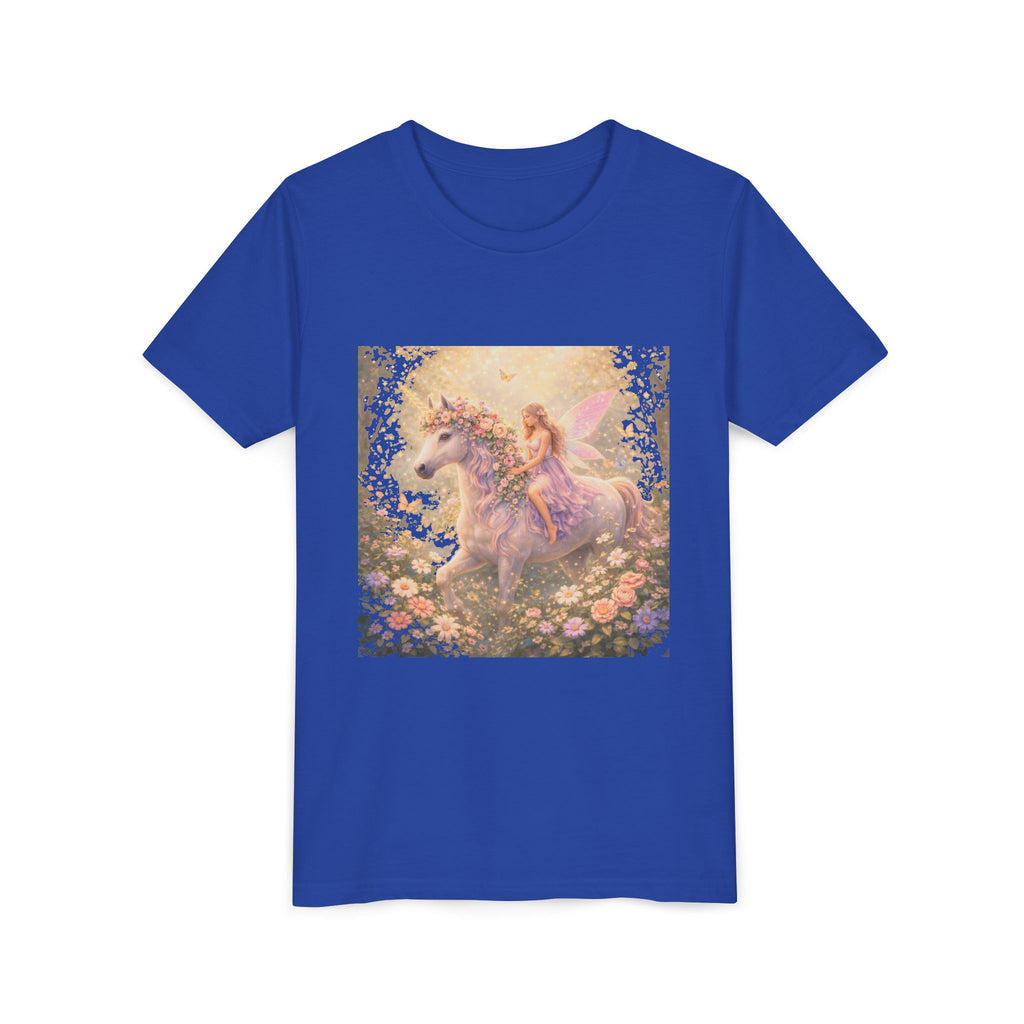Youth Tee — Magical Fairy Riding Unicorn in Floral Garden Kids Shirt