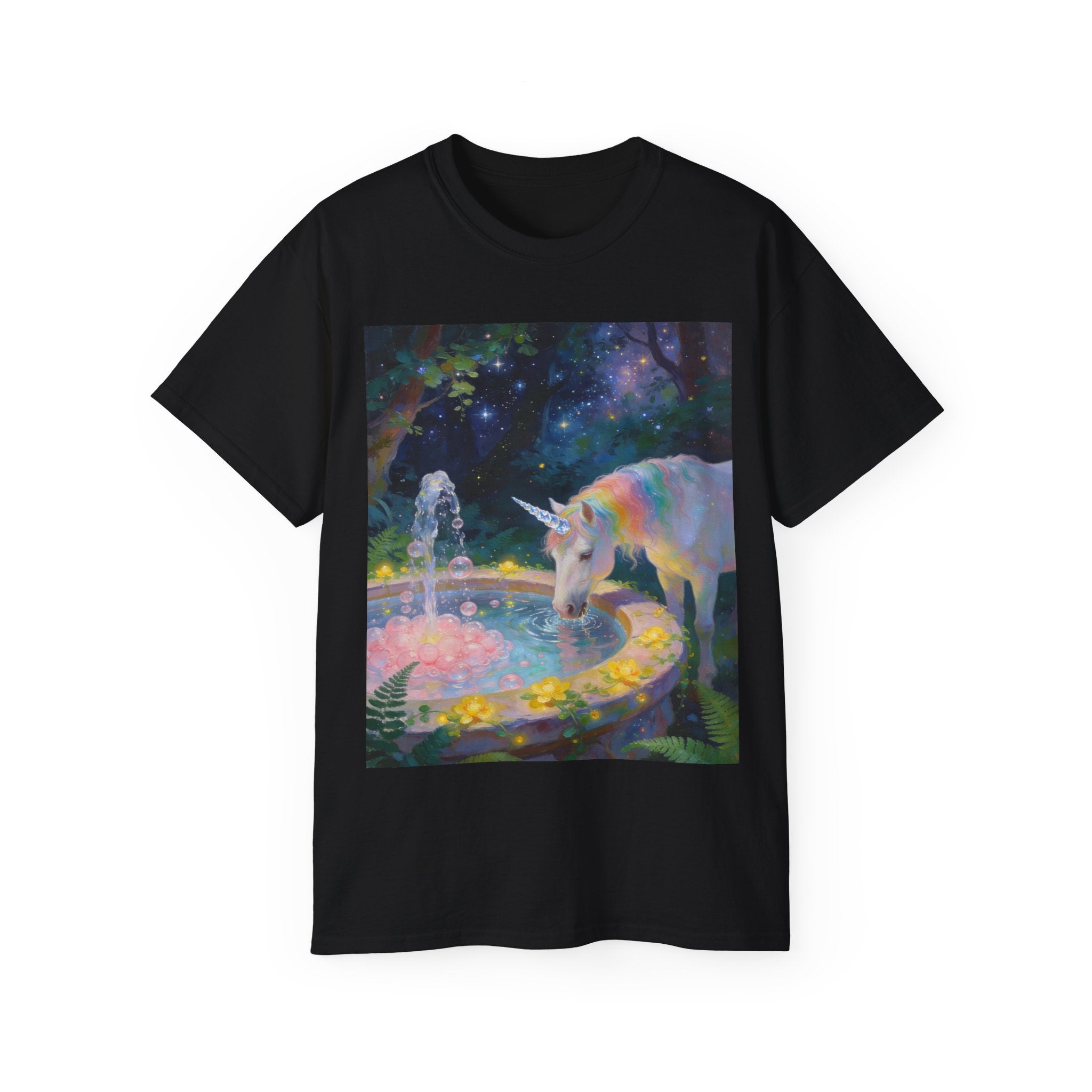 Copy of Unicorn Night Garden Tee — Rainbow Unicorn at Moonlit Fountain T-Shirt