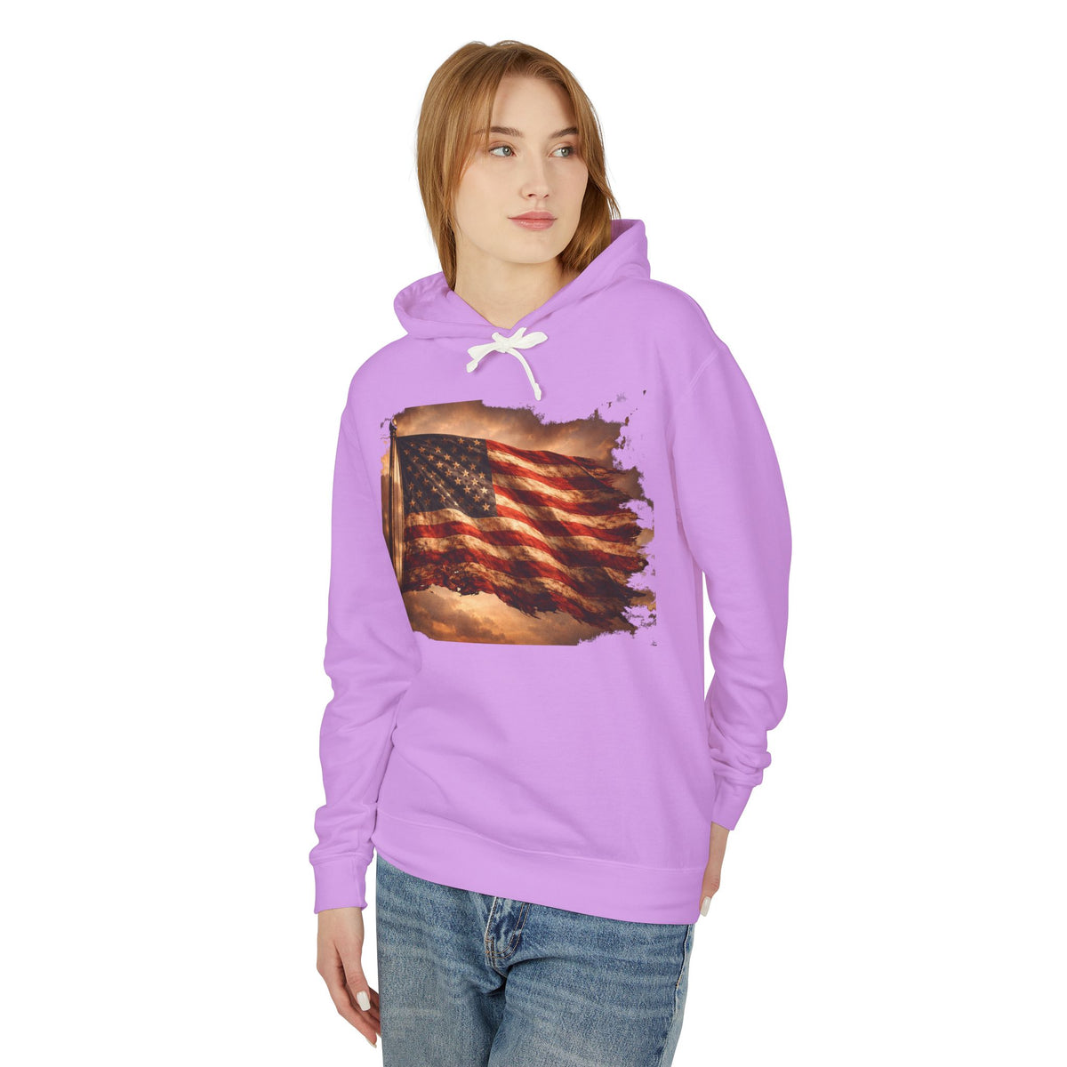 Distressed American Flag Hoodie — Vintage Patriot Lightweight Sweatshirt