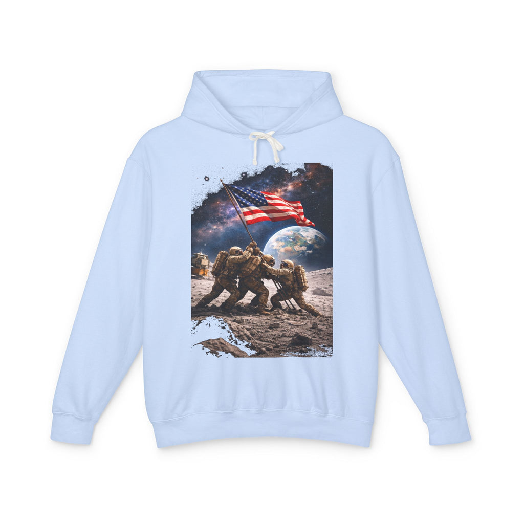Patriotic Moon Landing Hoodie — Astronauts Raising American Flag Graphic