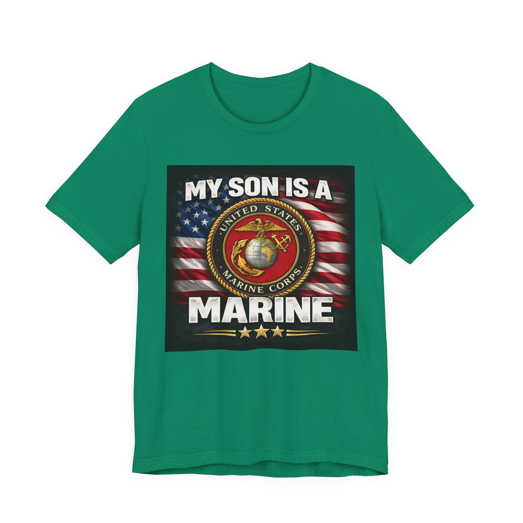 Marine Pride T-Shirt — "My Son Is A Marine" American Flag Emblem