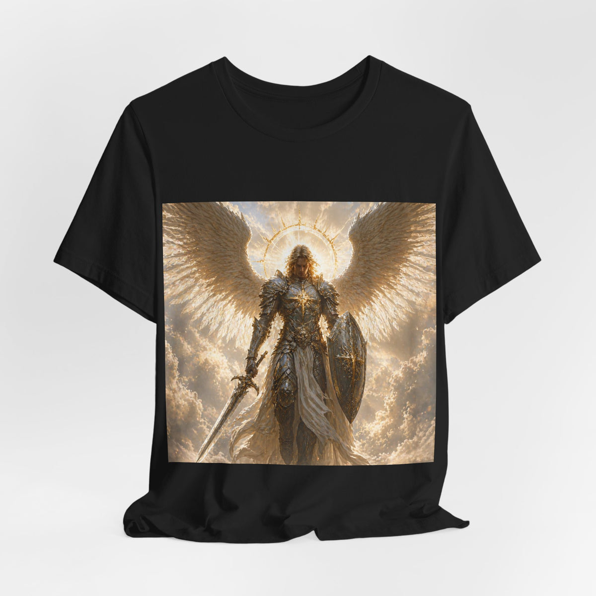 Archangel Warrior Graphic Tee — Golden Angel with Sword & Shield
