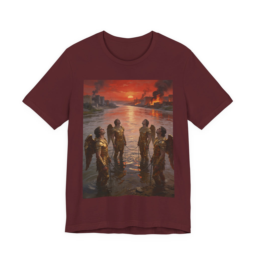 Revelation 9 reveals four fallen angels bound in the Euphrates River, awaiting God’s appointed time to bring judgment. T-Shirt