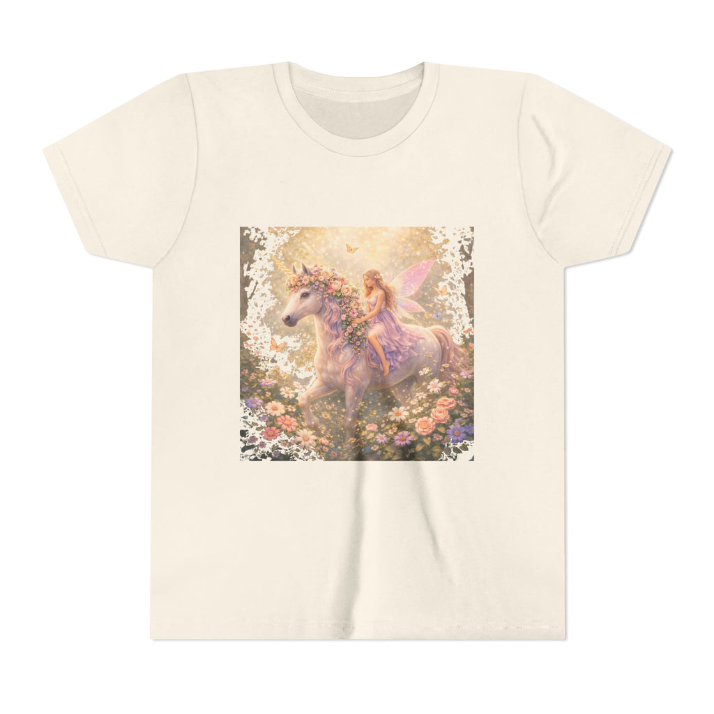 Youth Tee — Magical Fairy Riding Unicorn in Floral Garden Kids Shirt