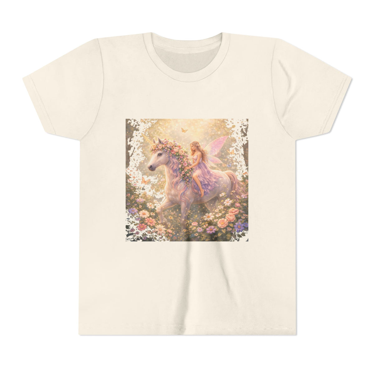 Youth Tee — Magical Fairy Riding Unicorn in Floral Garden Kids Shirt