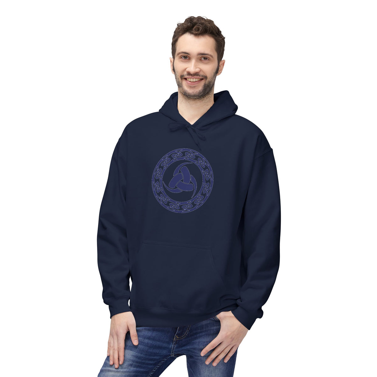 Viking Helm Emblem Hoodie — Norse Rune Knot Medallion-The Triple Horn of Odin – The Horn Triskelion