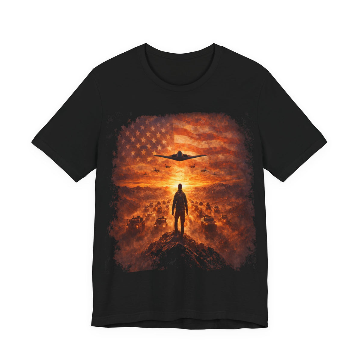 USA-Military Aviation T-Shirt — Bomber Silhouette with American Flag Sunset