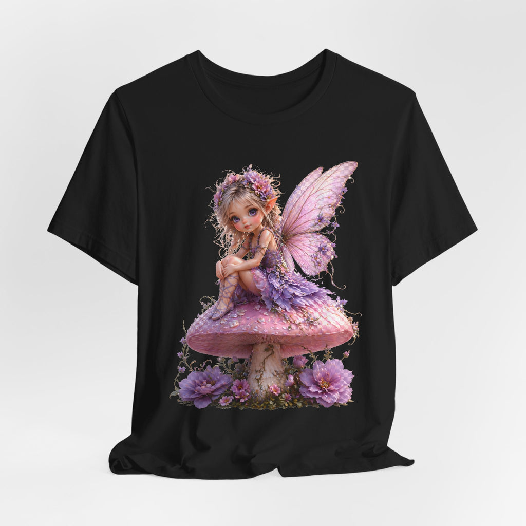 Fairy on Mushroom T-Shirt — Cute Pink Butterfly Fairy Graphic Tee for Kids & Adults