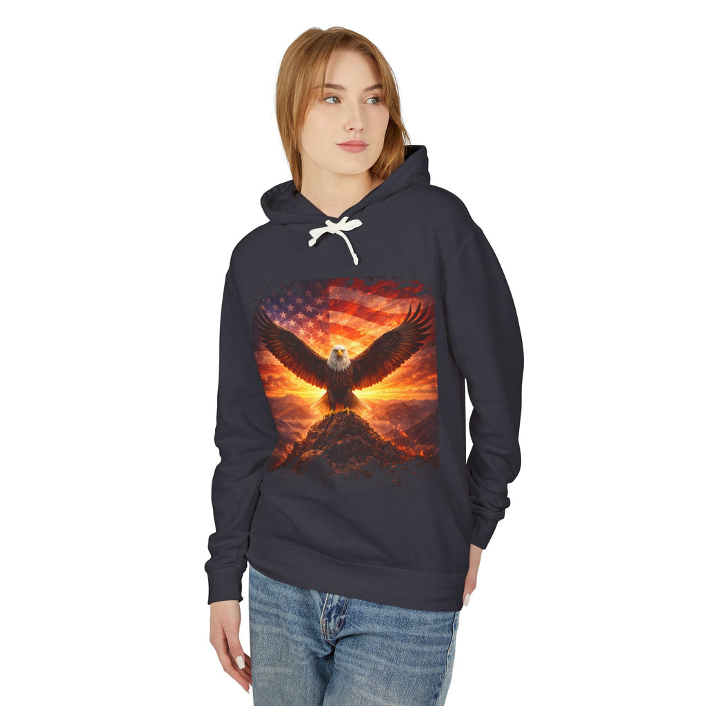 Eagle Rising Hoodie — Patriotic Bald Eagle Sunset Graphic Sweatshirt