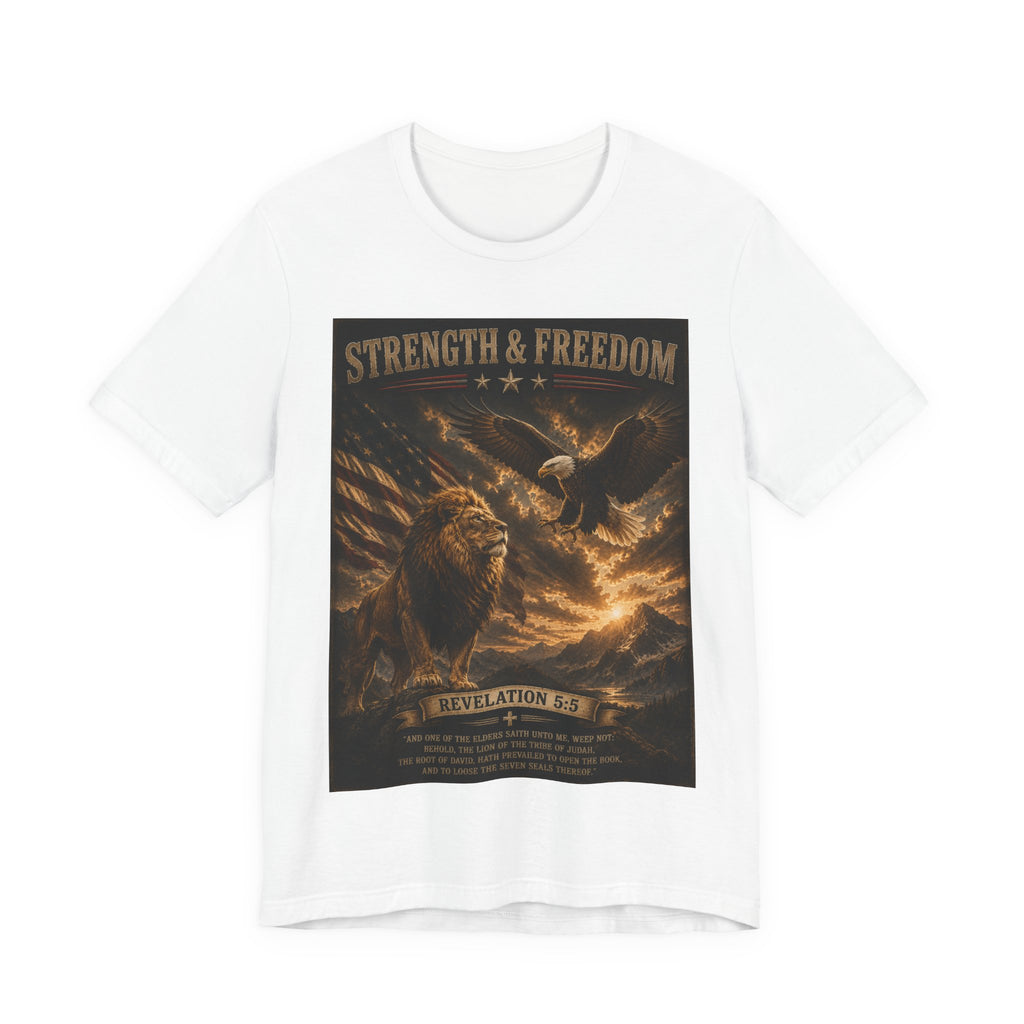 Strength & Freedom Christian Lion Tee – Revelation 5:5 Inspirational Graphic T-Shirt